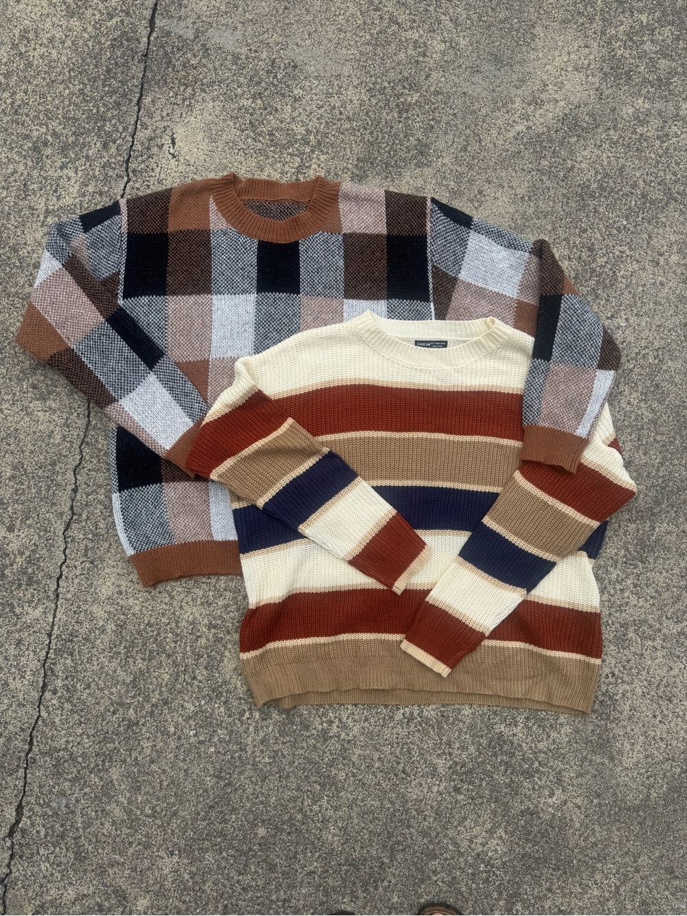 SHEIN Women's Striped & Plaid Crewneck Sweaters - Cream, Brown, Tan, Navy L & XL